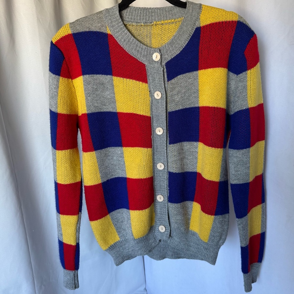 Vintage Handmade knit gingham block checker Colorful button up Cardigan Sweater
